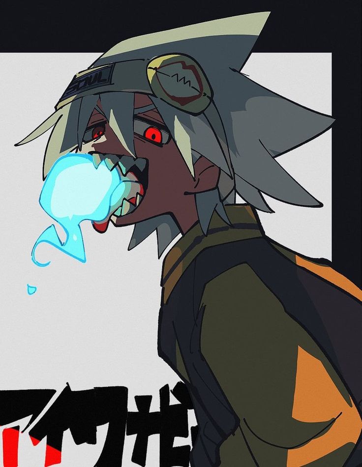 the image is a digital drawing or painting in a stylized anime/manga style. it depicts a young male character with white hair and piercing red eyes. he's wearing a darkcolored outfit with orange accents and a distinctive headpiece resembling a bandana or protective gear.  the character's mouth is agape, emitting a bright blue, glowing energy blast or some sort of power.  his expression is fierce and intense. the background features a muted gray tone with stark black japanese text partially visible in the bottom left corner, adding to the overall dark and possibly actionoriented atmosphere. the art style is sharp and graphic, with bold lines and contrasting colors.