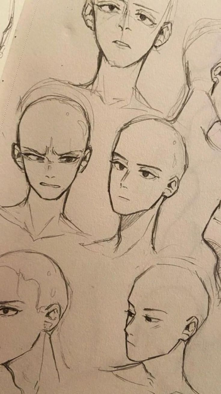 the image contains a collection of pencil sketches of various heads and faces, primarily focusing on bald or closely cropped hairstyles. the style is reminiscent of anime or manga, with simplified features and a focus on conveying emotion through facial expressions. the sketches vary in expression, ranging from neutral to angry or sad. the lines are somewhat loose, suggesting a quick sketch style rather than a highly detailed rendering. the overall tone is monochrome and minimalistic.