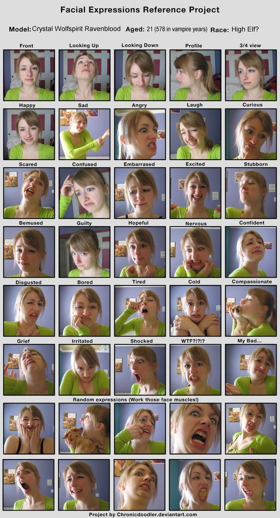 the image is a reference project for facial expressions. it features a young woman with high elf features, showcasing a wide range of emotions. the woman is depicted in a variety of poses, each expressing a different emotion. the project is organized in a grid format, with each row representing a different category of emotion. the categories include: happy, sad, angry, laugh, curious, scared, confused, embarrassed, excited, stubborn, bemused, guilty, hopeful, nervous, confident, disgusted, bored, tired, cold, compassionate, grief, irritated, shocked, wtf?!?!? and my bad.  at the bottom of the project is an additional row for "random expressions" with the instruction "work those face muscles!". the project is well organized, with a clear title and credits at the bottom. the image is a valuable resource for anyone looking to learn more about facial expressions, either for art, acting, or simply for personal growth.