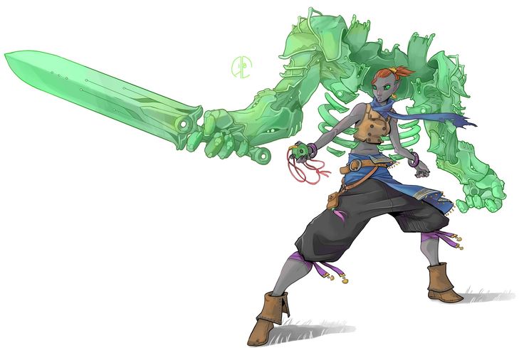 a digital art illustration of a woman, dressed in a fantasy style outfit, with an upper body made of green mechanical armor, holding a sword and standing in a combat pose. the background is white.