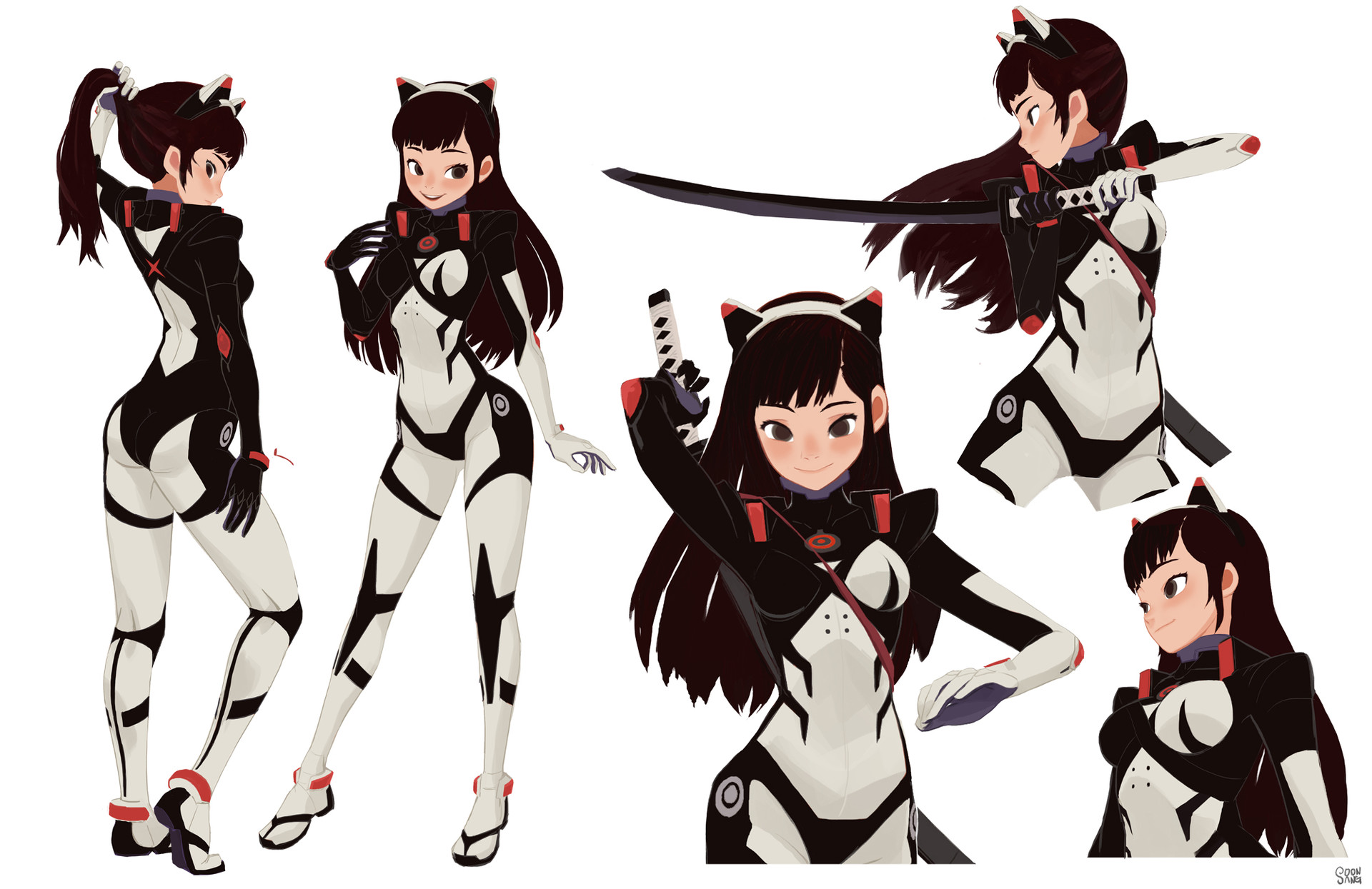the image shows five different poses of the same female anime character wearing a futuristic, white and black bodysuit with red accents. the character has long, black hair and is wearing cat ears. in several of the poses, she is holding a katana (samurai sword). the background of the image is plain white.