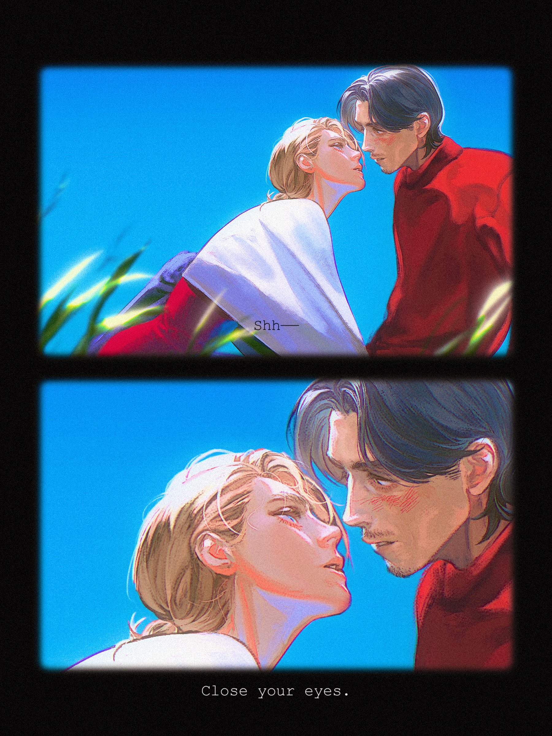 the image is a digital illustration of a couple in an anime style. the couple is standing outdoors, with a blue sky and green grass behind them. the woman is wearing a white shirt and the man is wearing a red shirt. they are embracing each other and looking into each other's eyes. the man is about to kiss
