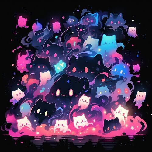 the image is a whimsical and colorful digital artwork featuring a collection of cartoon cats floating amidst a galaxylike background. the cats are rendered in various shades of black, white, pink, and blue, creating a vibrant and ethereal atmosphere. stars and nebulalike patterns surround the cats, adding to the magical and fantastical feel of the piece. the artwork has a cute, kawaii, and animeinspired aesthetic, making it appealing and playful.