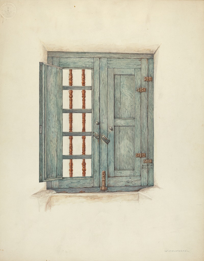 a watercolor painting depicts a wooden window with blue shutters and bars. one shutter is open, revealing the bars, while the other is closed and secured with a latch. hinges are visible on the closed shutter. the window is set in a white wall.