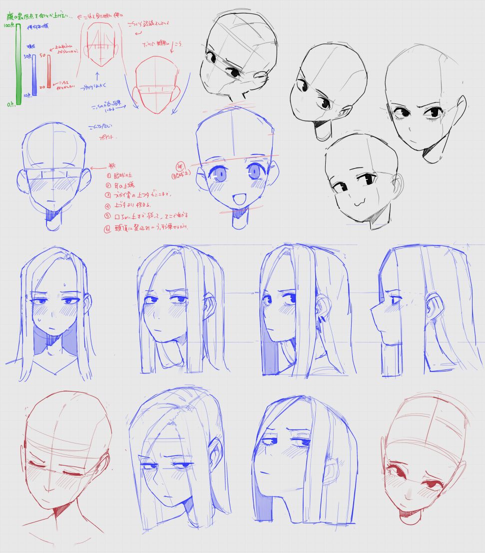 the image is a page from an artist's sketchbook filled with anime style head and face studies.  the top features various head angles and proportions while the bottom focuses on drawing the same face with different expressions. the sketches include notes and guidelines written in japanese.