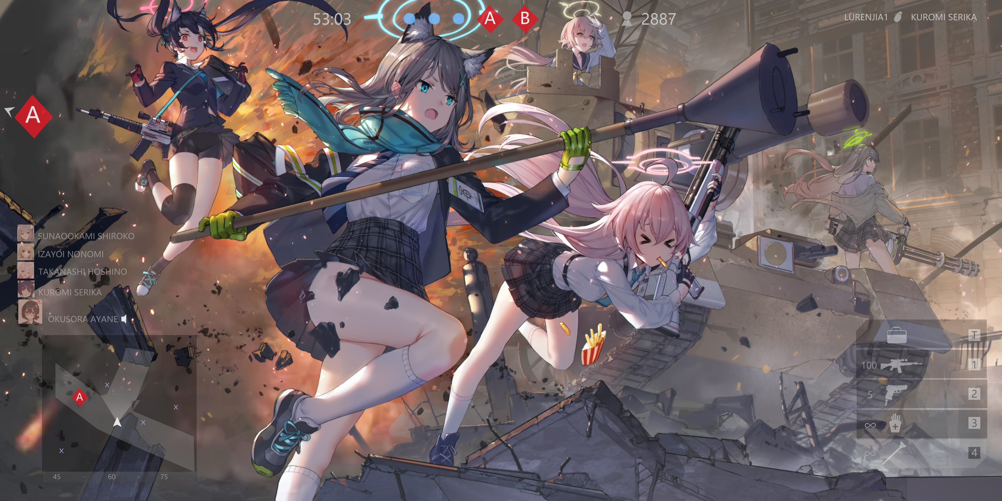 he image is a dynamic animestyle illustration depicting a team of four female soldiers engaged in intense combat amidst a wartorn cityscape.  the scene is filled with explosions and destruction, showcasing a chaotic and actionpacked battle.  the girls, each with unique hairstyles and outfits, are armed with various weapons, including a grenade launcher, assault rifle, and an unusual long pole weapon.  they stand on the remnants of destroyed buildings, a tank forming a central element of the scene. the background suggests a larger urban conflict. the overall style is vibrant, energetic, and blends elements of fantasy and military themes. a user interface is subtly visible, possibly suggesting a connection to a video game.