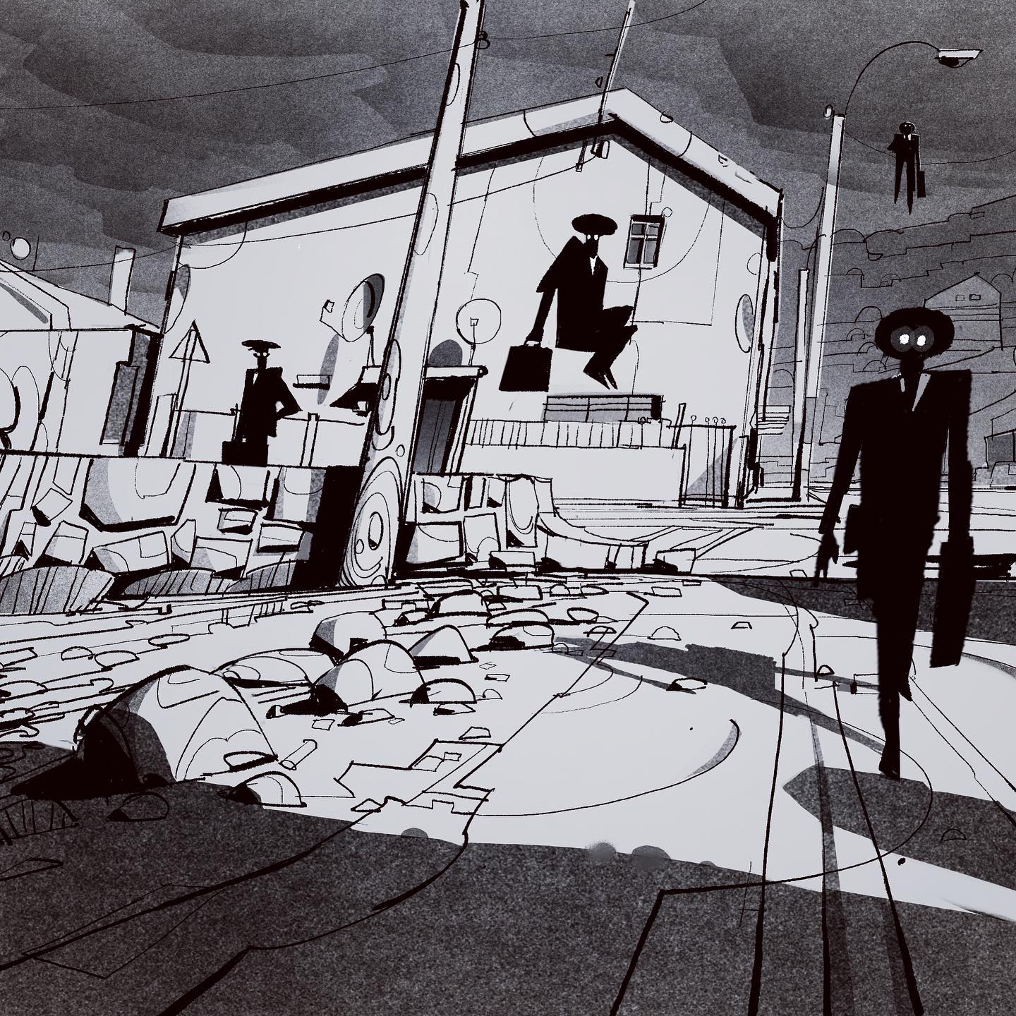 a black and white illustration of a cityscape. there are buildings on either side of the street, and a streetlamp in the distance.  in the foreground, a worker is walking to the right and  another figure is sitting on a building, both dressed in suits.
