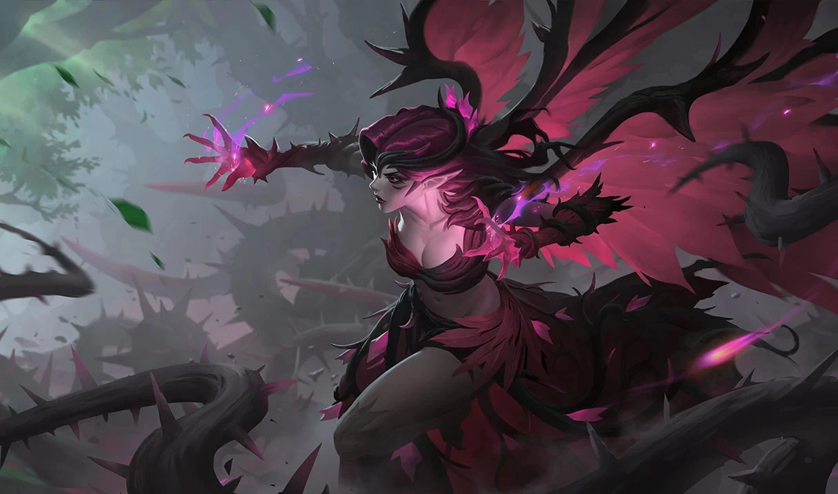 the image depicts a fantasy character, a female dark mage, amidst a thorny forest. she has fairylike wings, a purple and black color scheme in her attire and features, and appears to be casting a magical spell, with glowing purple energy emanating from her hands. the background consists of dense, thorny vines, adding to the overall dark and mystical atmosphere of the artwork.