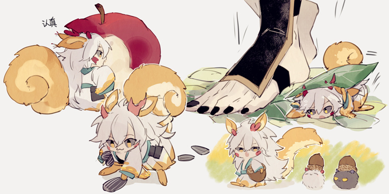 the image is a cute anime illustration of several characters dressed as squirrels.  they are all smiling and having fun. the background is a simple white background. one of the characters is being stepped on by a large foot.
