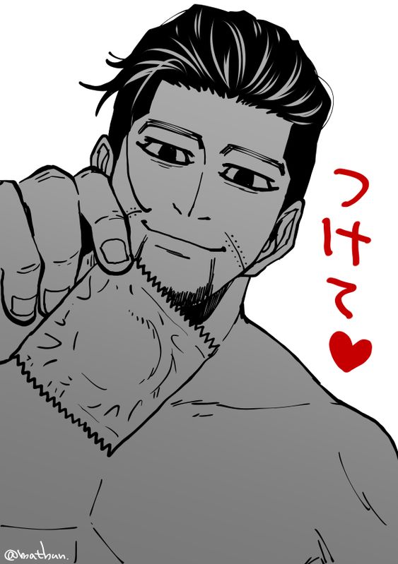 a black and white drawing of a man with a scar on his face and tattoos on his arm. he is holding his finger to his lips and smiling. the japanese text next to him says "come here" and there is a heart symbol below it.