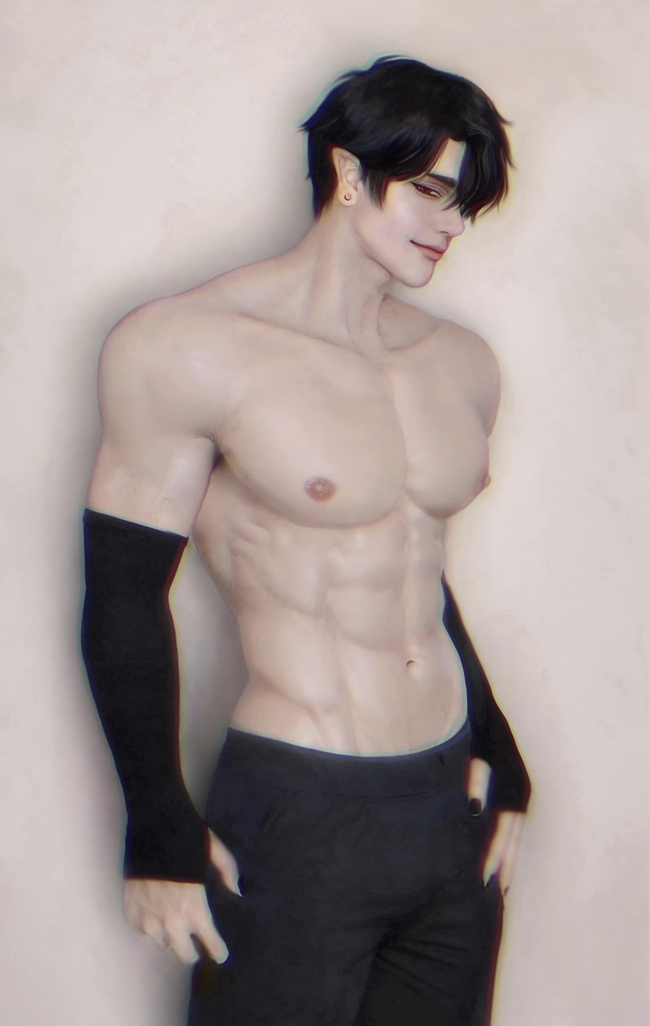 a photo of a man with a sculpted physique, wearing black pants and sleeves. he's standing in front of a white background. the man is looking to the side.