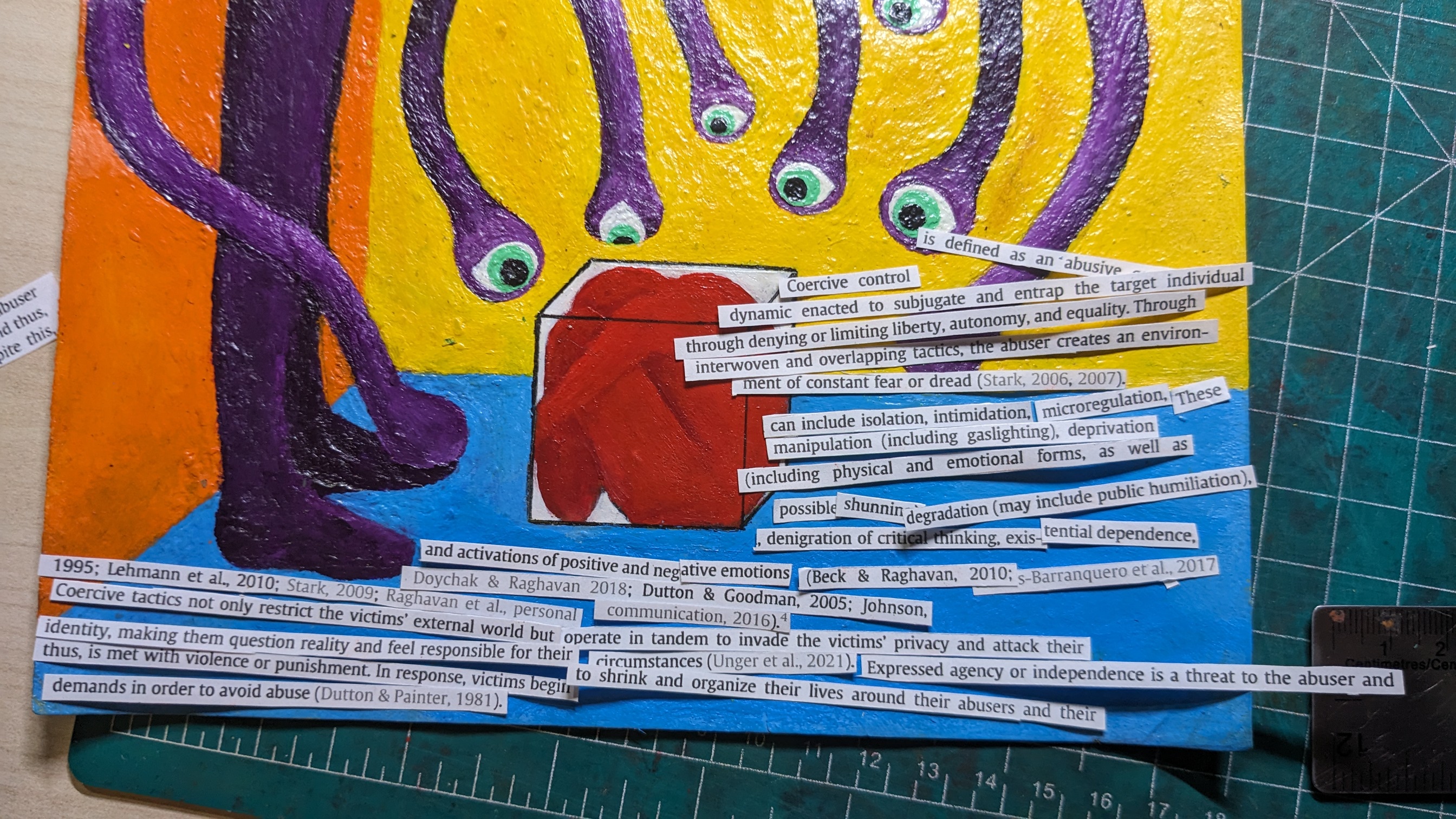 the image depicts a collage of text about coercive control and abuse. the text describes the tactics used by abusers to control and manipulate their victims, and how these tactics can lead to a victim feeling isolated, afraid, and powerless. the text also discusses how victims may respond to abuse, and the importance of understanding how to avoid abuse. the text is interspersed with images of eyes and tentacles, which symbolize the abuser's constant watching and control over the victim. the overall effect of the image is one of fear, confusion, and powerlessness.