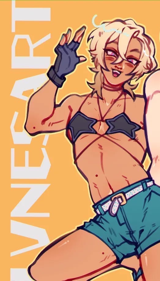 the image is a digital drawing of a stylized animestyle male character. he has blond hair, tan skin, and a muscular build. he's wearing a simple starshaped bikini top tied with string and teal shorts with a white belt. he's posing confidently, one arm raised, and has a cheerful expression on his face. the background is a solid yelloworange color, and a "tunesart" watermark is visible on the left side.  the style is vibrant and expressive, reminiscent of graphic novels or comic book art.