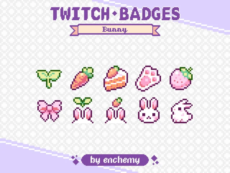 the image showcases a collection of ten pixel art badges with a bunny theme, designed for use on the streaming platform twitch. each badge features a cute and pastelcolored icon, including carrots, strawberries, bunny faces, and bunny paws. the badges are set against a soft, patterned background in shades of pink and purple. the words "twitch badges," "bunny," and "by enchemy" are incorporated into the design.