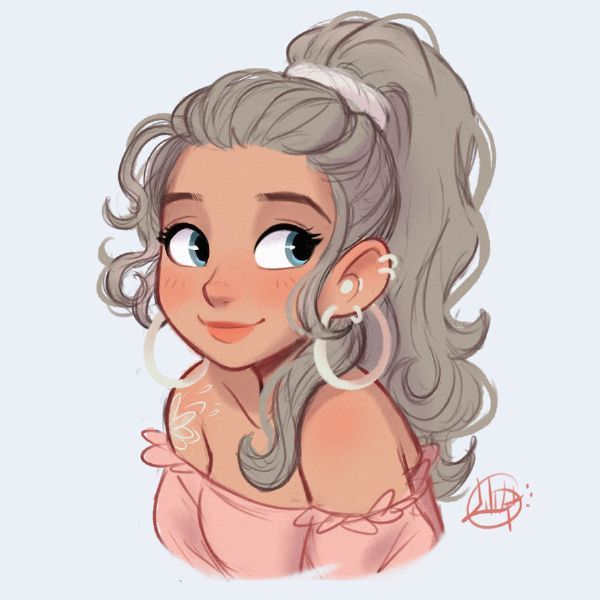 a digital illustration of a cute anime girl with gray wavy hair in a ponytail wearing a pink dress and hoop earrings, smiling and looking to the left. she has a tattoo on her shoulder.  the background is a light blue.