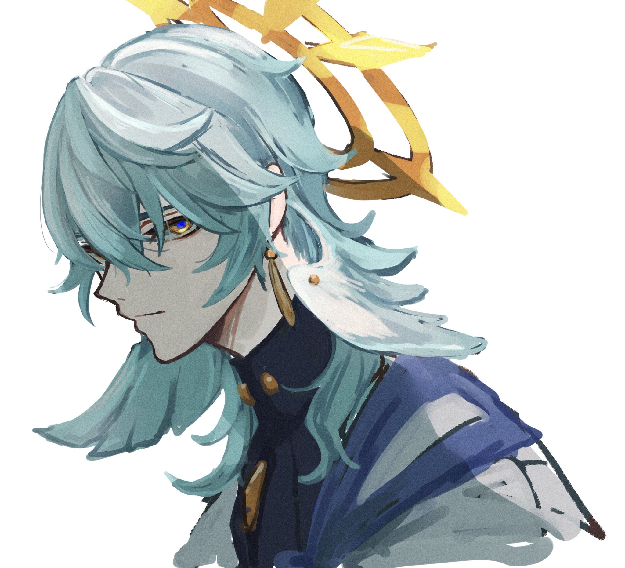 an anime character with blue hair and blue eyes is shown in a digital painting. he is wearing a gold halo and is against a white background.