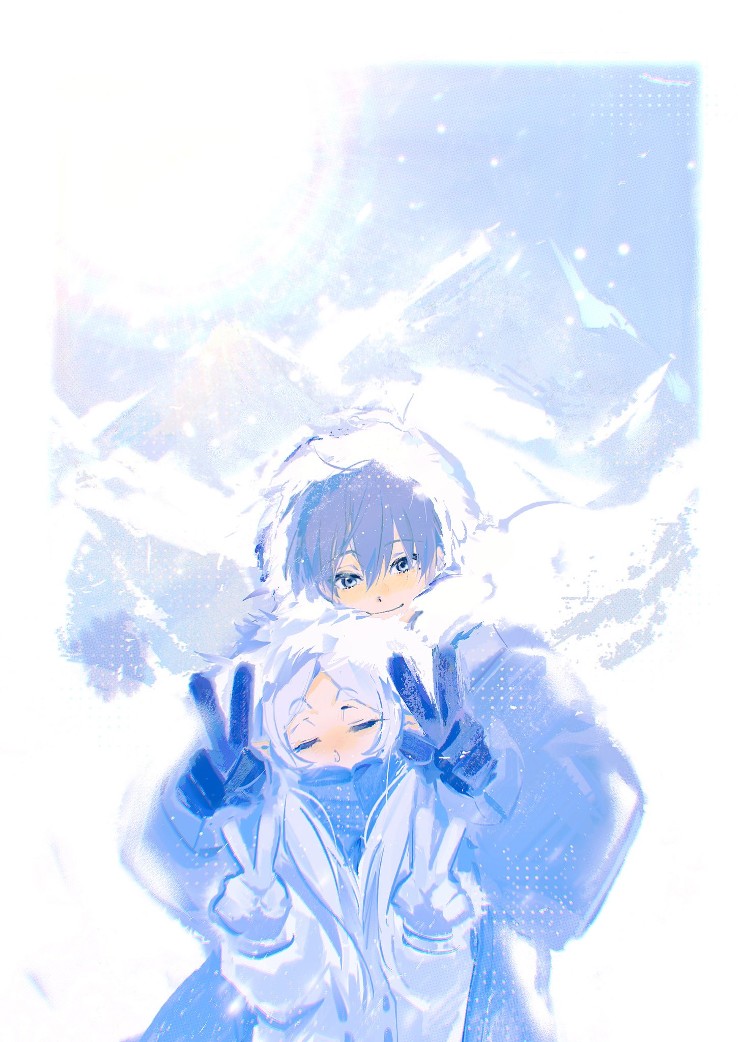 a boy and girl are hugging and making peace signs. they're both wearing winter clothes and seem happy. the background is snowy mountains. the style is anime/manga. the image has a soft blue color palette.