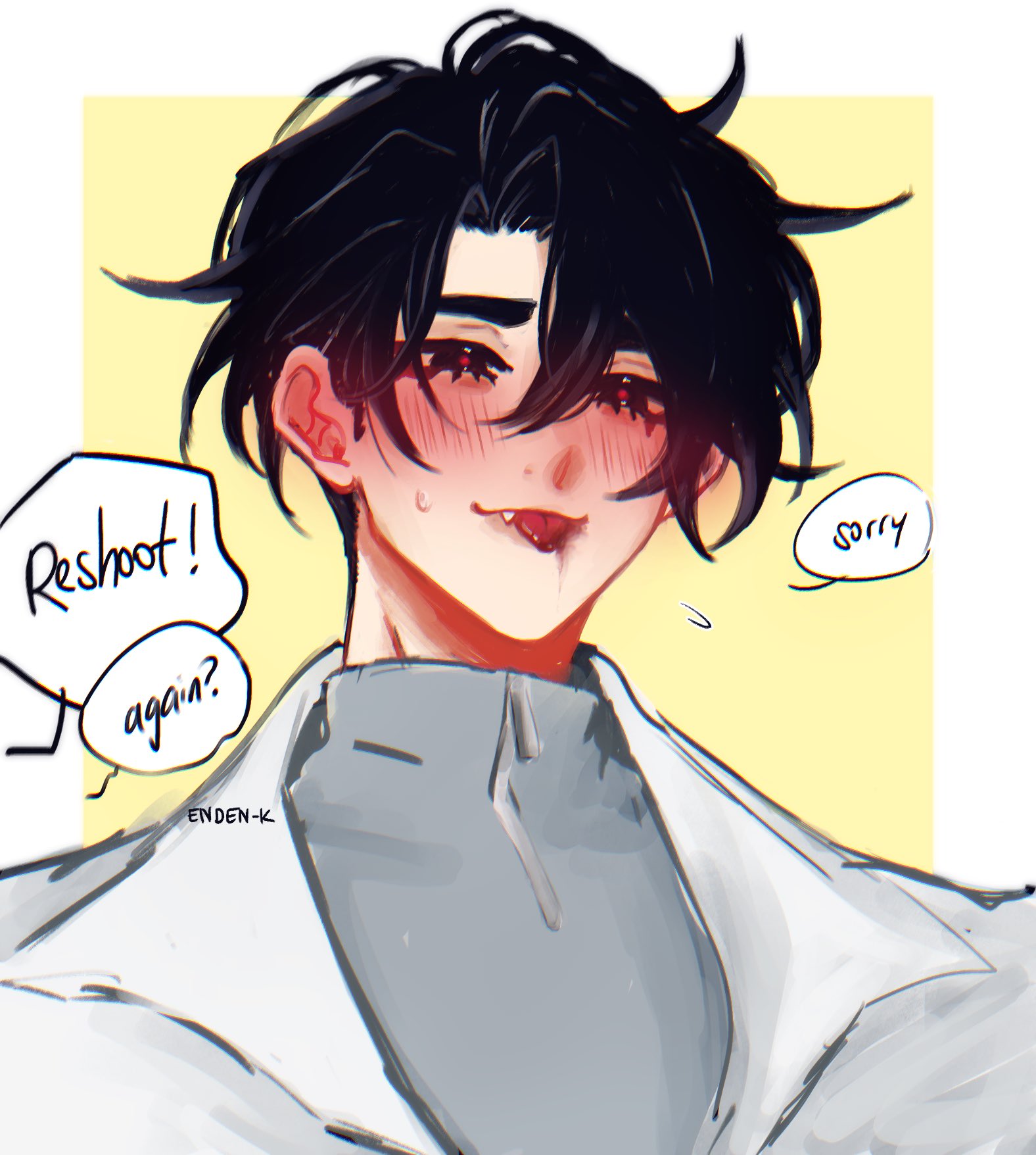 an animestyle illustration of a young boy with dark hair, black eyes, and a blush on his cheeks. he's wearing a white jacket over a gray shirt. speech bubbles appear above him, one with the words "reshoot! again?" and the other saying "sorry". the boy seems to be looking at the viewer with a slightly embarrassed expression.