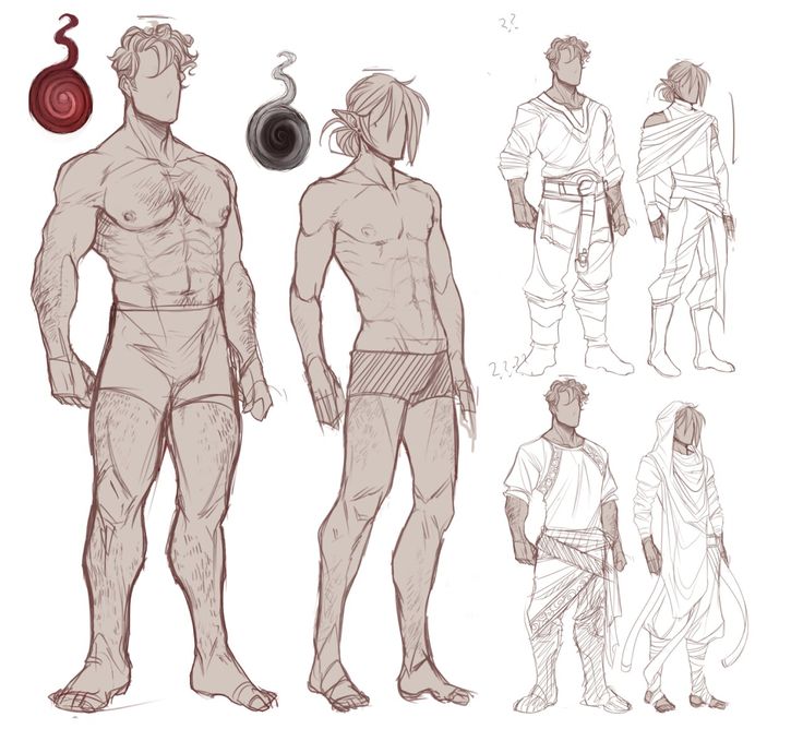 this sketch shows five male characters. the first two are nude, showing their body shapes and muscle definition. the other three are shown in different outfits, which suggests they are for different purposes, such as fantasy, adventure, or daily life. the sketches are done in a rough style, suggesting they are early drafts or concepts.  the first two figures have swirls of smoke or magic drawn around them.  there are some question marks in the drawing, showing that the artist may be unsure about the design.  the character's heads are missing, so it is unclear what the character's facial features might be.