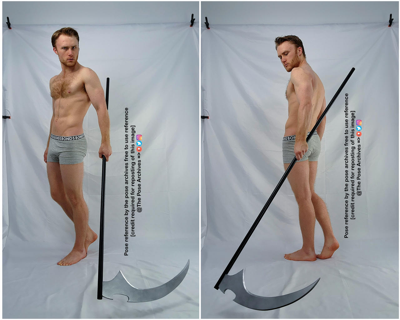 a shirtless man with short red hair and a muscular build poses in front of a white backdrop. he is wearing only underwear and holds a large, silver scythe. two photos show him in slightly different poses with the weapon. the images are marked as pose references for artists.