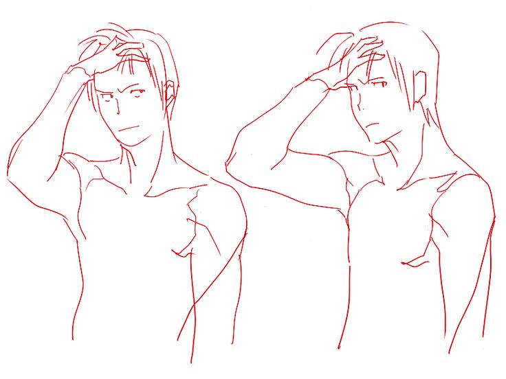 this is a drawing of two men in profile, both with their hands on their heads, in a simple line art style. the drawing is in red.