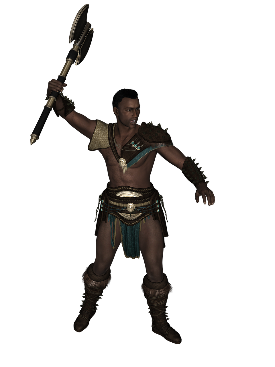 a rendering of a barechested warrior man with dark skin is standing with an axe in his right hand. the man is wearing boots with spikes and a decorative belt with tassels. he also has an ornamental shoulder piece with brown spikes and a necklace with a dangling silver coin. the axe in his right hand has two blades and the handle is decorated with gold accents. the background is solid black.
