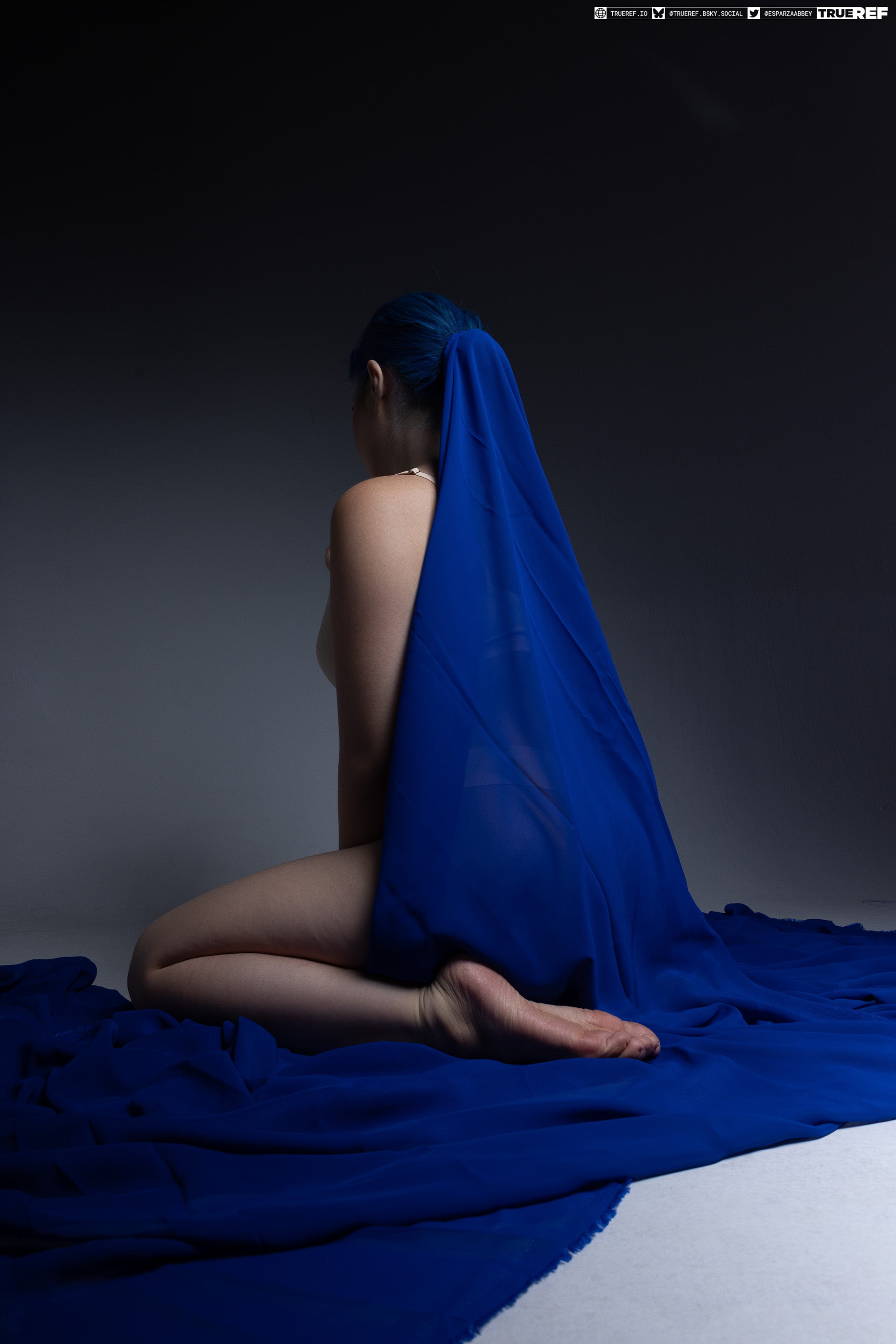 a woman with blue hair kneels on a white surface covered by a large blue cloth. the cloth drapes over her back and spreads out around her. she is nude, seen from the back in a studio setting.
