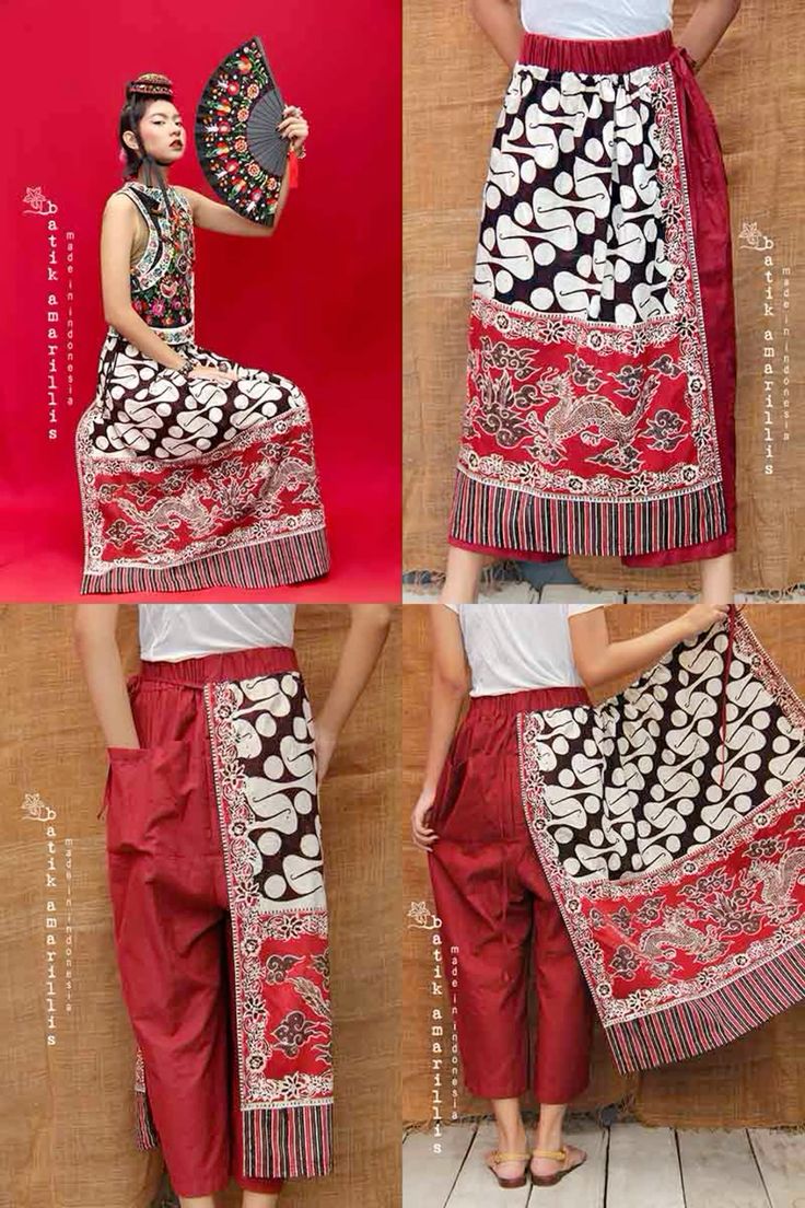 the image shows a collage of photos featuring different styles of batik clothing. the top left photo showcases a woman in a long batik dress with a black and white patterned top and a red patterned bottom. she is holding an oriental fan. the top right photo shows a skirt with a similar batik pattern. the bottom left photo shows a pair of red pants with a batik patterned panel on the side. the bottom right photo shows another pair of red pants with a batik patterned panel, but this time the panel is detached.