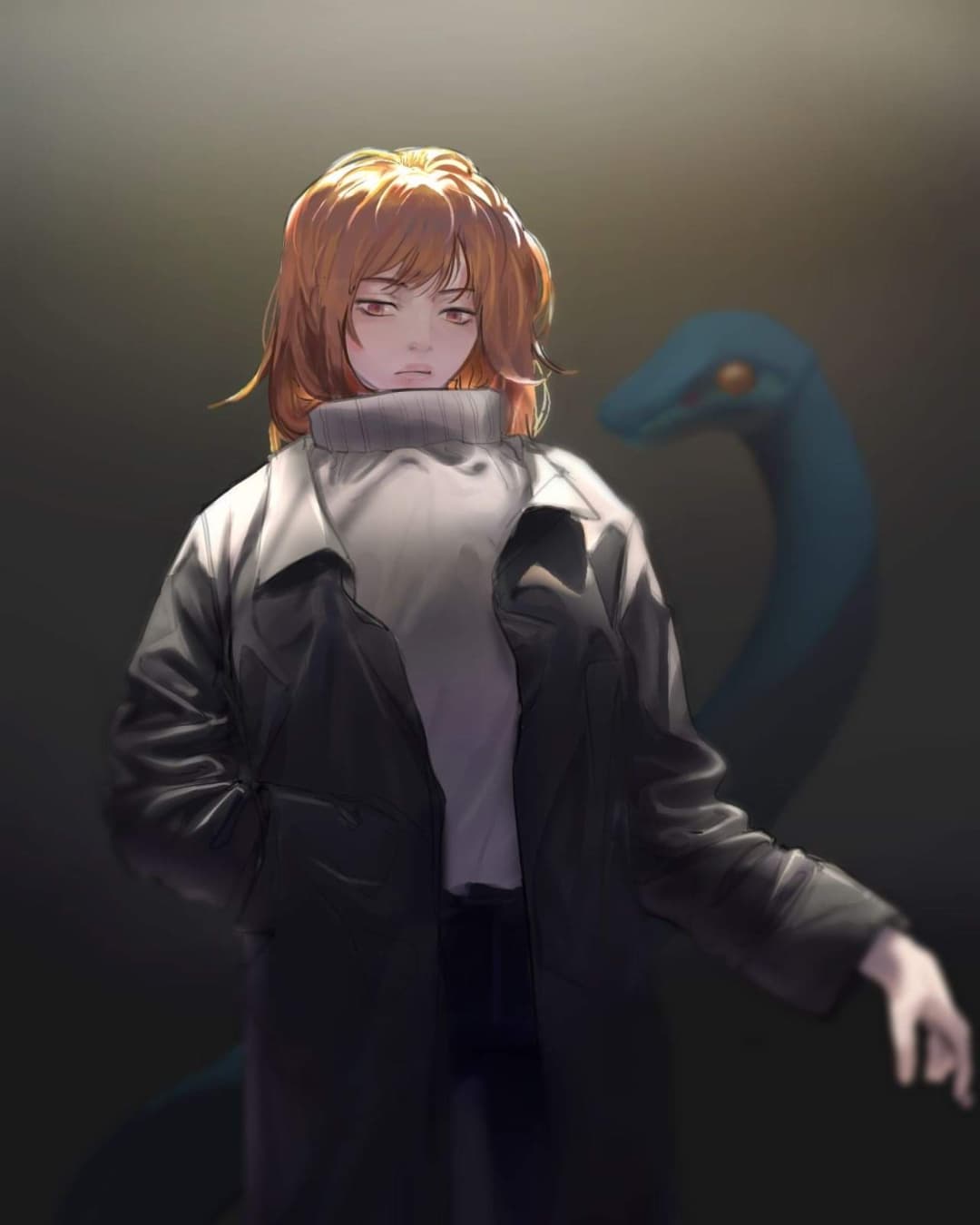 the image is a digital painting of an animestyle young woman with long orangebrown hair. she is wearing a darkcolored, long coat over a lightcolored turtleneck sweater. she has a serious, almost sad expression on her face. a large, dark blue snake is partially visible in the background behind her, adding to the mysterious and somewhat gloomy atmosphere of the artwork. the style is artistic and painterly, with soft shading and lighting creating a moody ambiance. the overall mood is contemplative and slightly melancholic.
