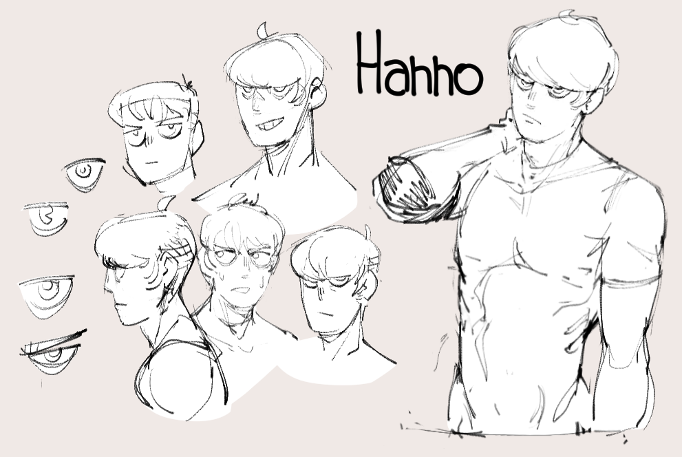 this is a character design sketch of a male anime/manga character named hahno. the drawing includes multiple views of his face, some eye variations, and a full body sketch with a shirtless torso. the artist used a light grey background with black pen strokes.