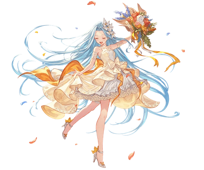 the image features a single, stylized female character against a solid black background.  she has long, flowing blue hair, pale skin, and blue eyes.  she's wearing a short, ruffled white and pale yellow wedding dress with orange accents.  she's holding a bouquet of flowers in one hand and has a joyful expression with closed eyes.  her pose is dynamic with one leg lifted and her other arm outstretched.  the overall style of the image is reminiscent of anime or manga.