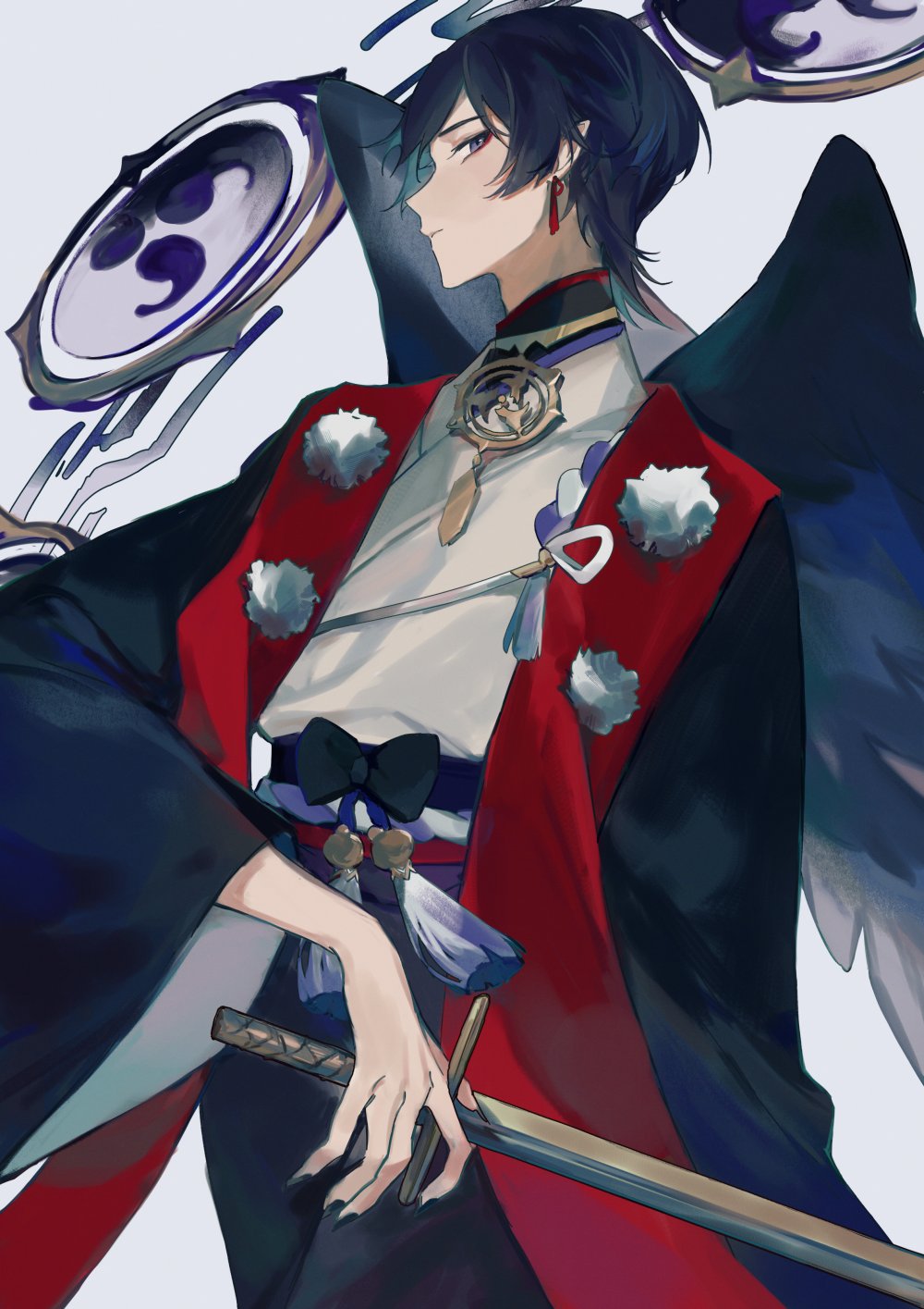 this anime illustration features a male character with black hair and red eyes, wearing a traditional japanese kimono with elaborate details. he's holding a sword, and his wings suggest a duality between angelic and demonic nature. the artwork is dark and mysterious, creating a sense of elegance and fantasy.
