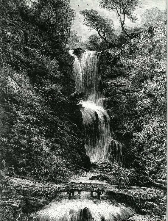 the image is a detailed black and white engraving or illustration depicting a waterfall cascading down rocky cliffs in a lush forest setting. the waterfall is the central focus, with its water flowing in multiple streams over the rocks.  lush greenery and trees surround the waterfall, creating a secluded and verdant atmosphere.  a simple rustic bridge made of logs spans the stream below the waterfall. the overall style is reminiscent of 19thcentury landscape art, showcasing a romantic and somewhat idealized view of nature. the high level of detail in the engraving is evident in the texture of the rocks, the leaves on the trees, and the movement of the water.