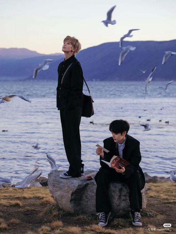 wo young asian men are enjoying a peaceful moment by a lake at sunset.  one stands on a rock, looking up at the flock of seagulls flying overhead, while the other sits on a lower rock, reading a book. they are both wearing stylish black outfits. the scene is serene and evokes a sense of tranquility and friendship. the soft light of the setting sun bathes the landscape in warm hues, highlighting the beauty of the natural environment.