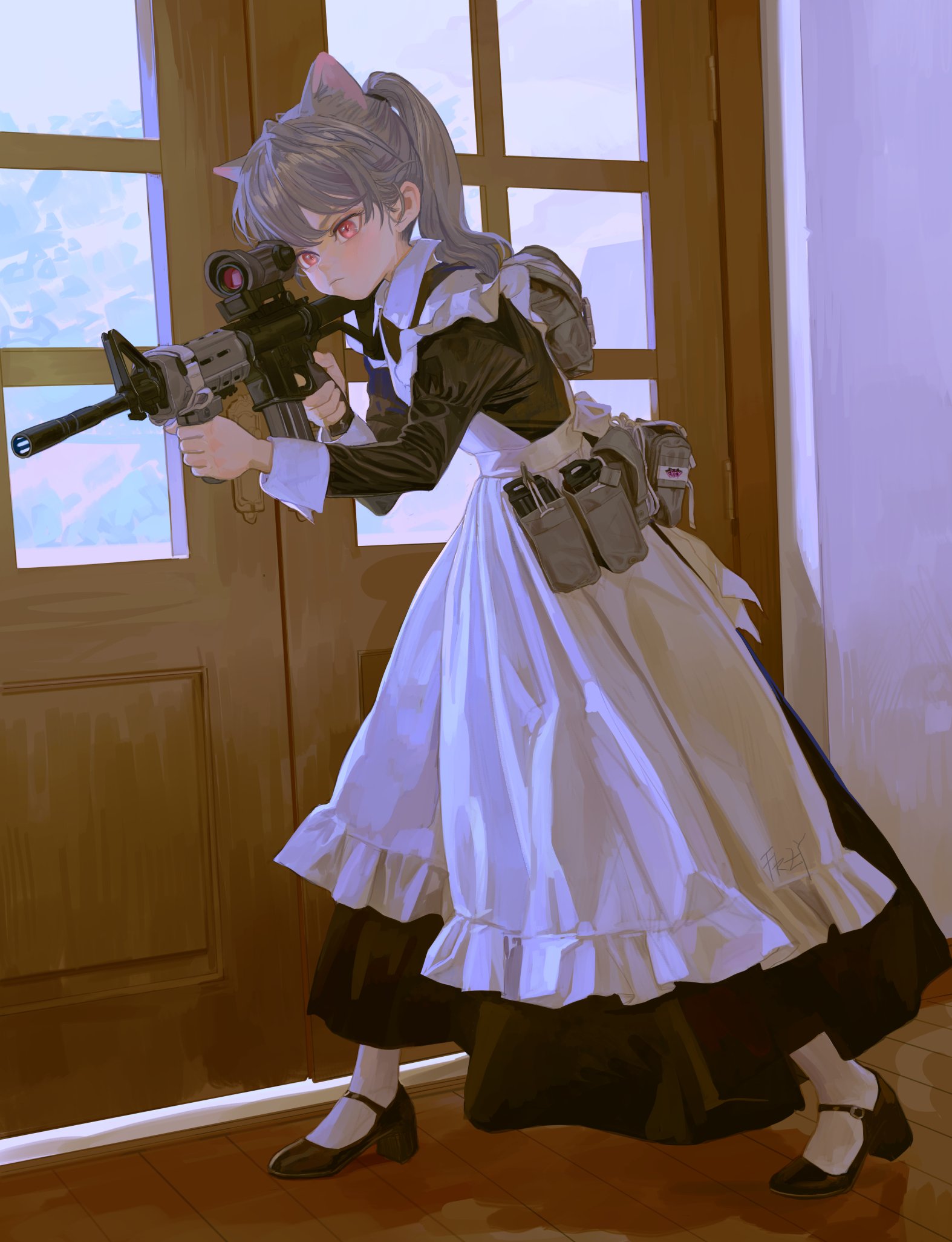 an animestyle girl with cat ears and red eyes is dressed in a maid costume, holding a rifle, and wearing tactical gear with pouches. she stands near a doorway inside a building, pointing the gun forward.