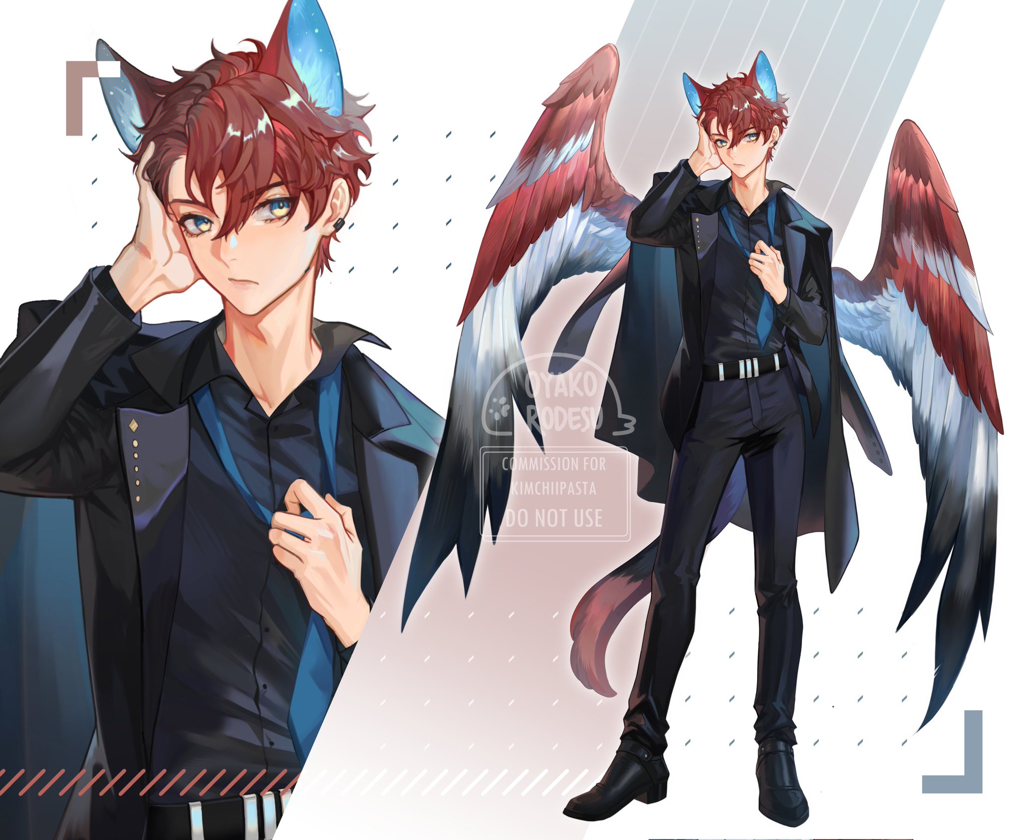 this digital illustration depicts an anime male character with wings. he has short, red hair and wears a black suit with a blue shirt and tie. he is standing with his hands on his suit jacket. his wings are a mix of red, white, and blue. the background is a simple white with a light gray pattern on it.  the image has a watermark saying "oyatko rodes" in the middle.