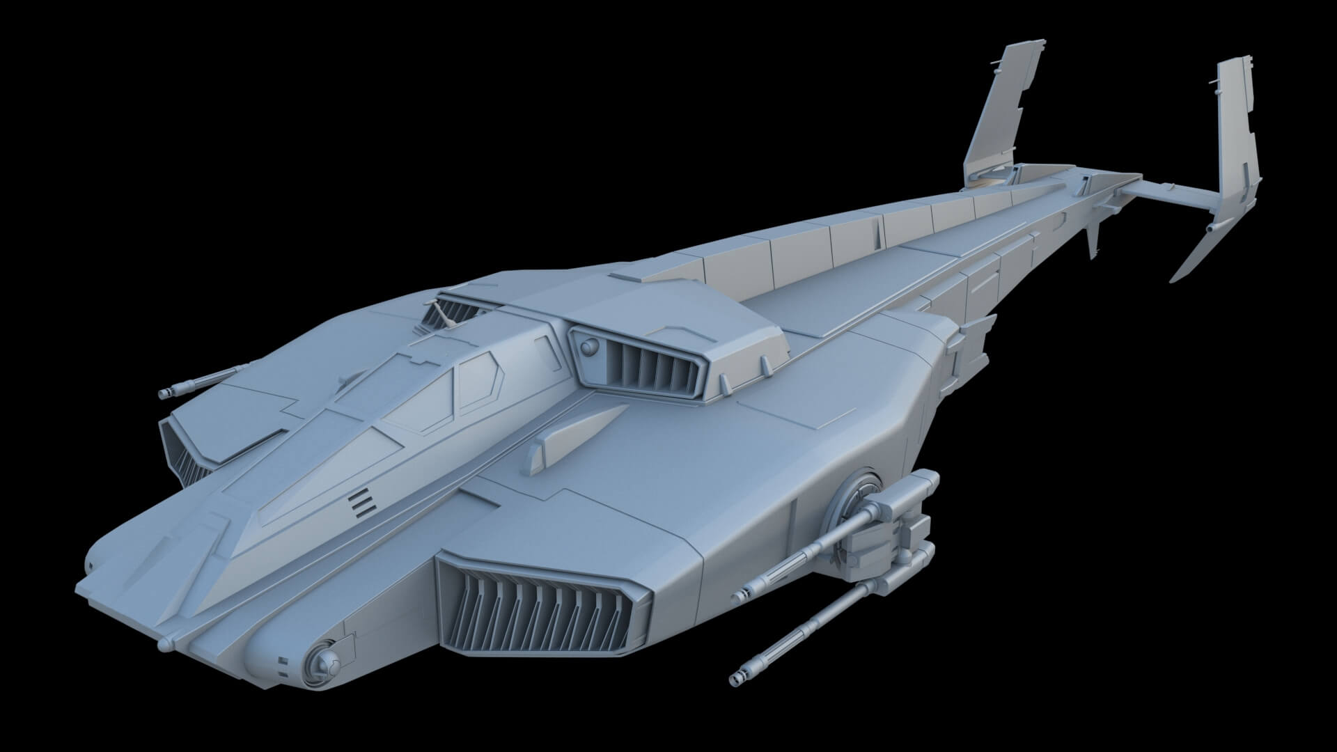 a white, scifi spaceship with a large cockpit and multiple turrets is shown against a black background.