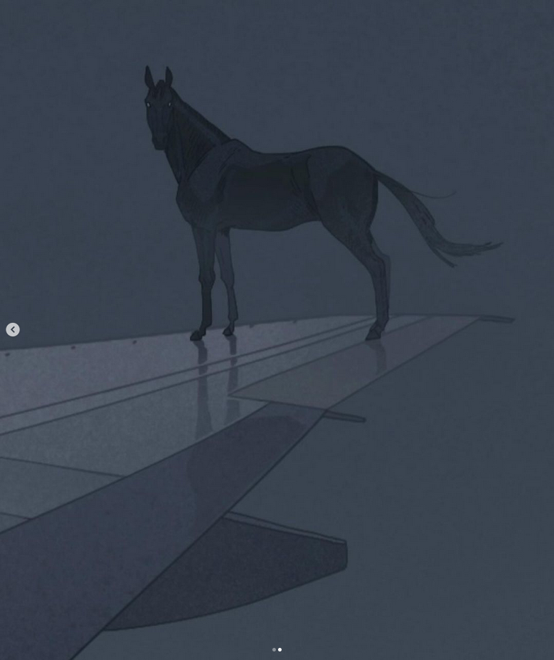 a black horse stands on the wing of an airplane against a grey sky. the horse's silhouette is visible against the dark sky, and the airplane's wing is partially visible in the foreground. the image is a surreal illustration that evokes a sense of mystery and wonder. the horse's presence on the airplane wing suggests a journey into the unknown. the image is filled with symbolism, and its meaning can be interpreted in many different ways.