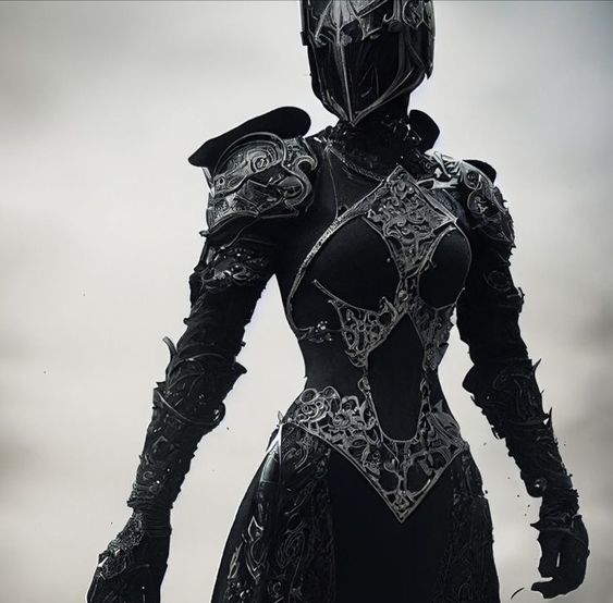 a woman clad in ornate, black, metallic armor stands against a stark, grayscale background. her armor, a masterpiece of intricate detail, features sharp angles, flowing lines, and a distinctly feminine silhouette. the design emphasizes both her strength and her femininity. the lighting is dramatic, highlighting the details of her armor and creating a sense of power and mystery.