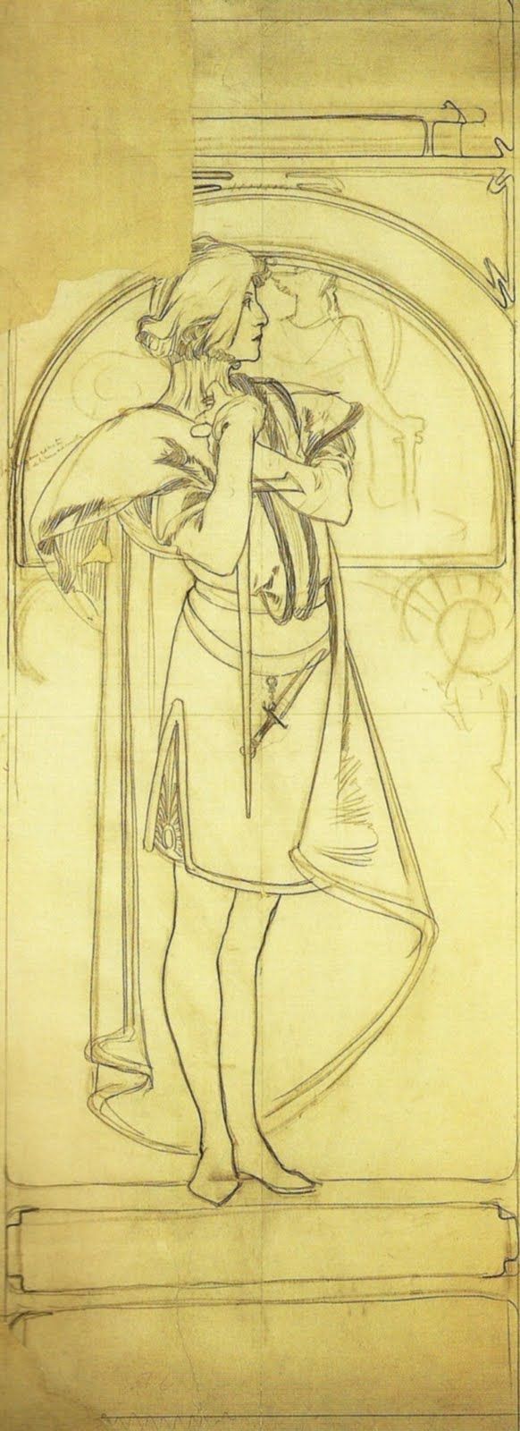 this image is a full body pencil sketch of a female figure in the art nouveau style, reminiscent of alphonse mucha's works. the figure is draped in flowing fabric and stands within an arched frame. it appears to be a preparatory sketch or figure study with visible pencil lines and details indicative of an early work. the artwork has a vintage feel and contains stylized elements characteristic of the art nouveau period.