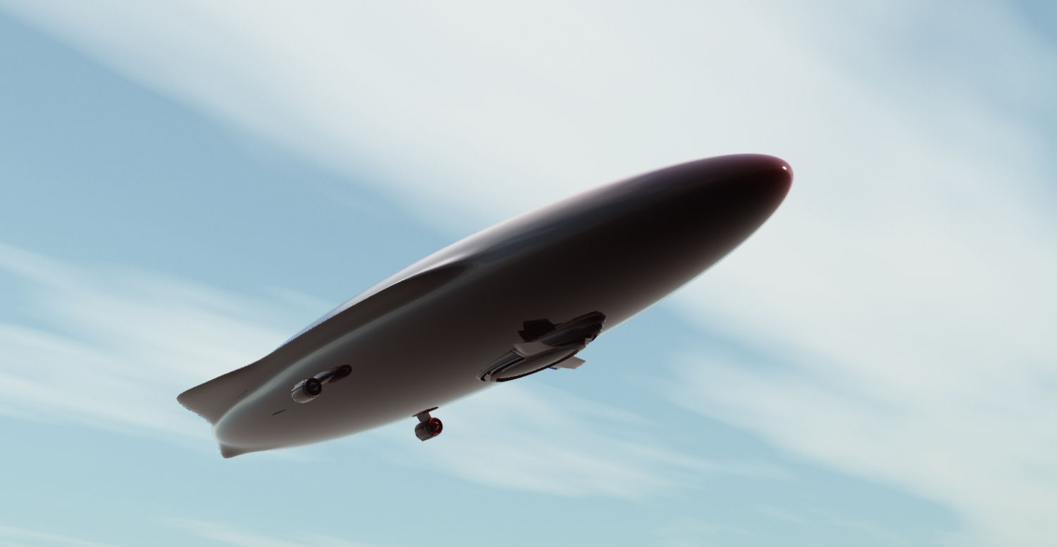 a sleek, futuristic airship with a dark, metallic exterior floats gracefully against a backdrop of soft, white clouds and a clear, blue sky. the airship's smooth, aerodynamic shape and advanced design evoke a sense of cuttingedge technology and futuristic transportation.  it's a captivating image that combines elegance and power.