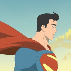 this image showcases a classicallydrawn superman, portrayed in a side profile view against a backdrop of a bright blue sky dotted with fluffy white clouds. he appears to be in midflight, with his red cape billowing dramatically behind him. superman's expression is resolute and hopeful, embodying his iconic status as a symbol of strength, justice, and hope.