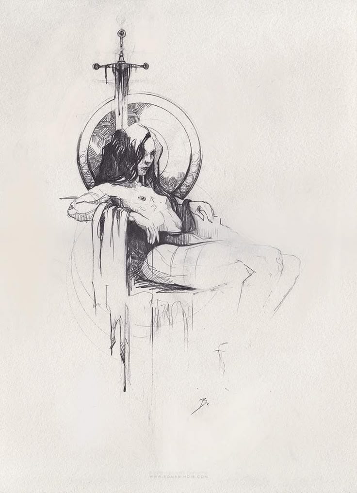 a sketch drawing of a woman sitting nude on a throne, with a sword above her head, a circular halo, and draped cloth. the style is fantasy art.