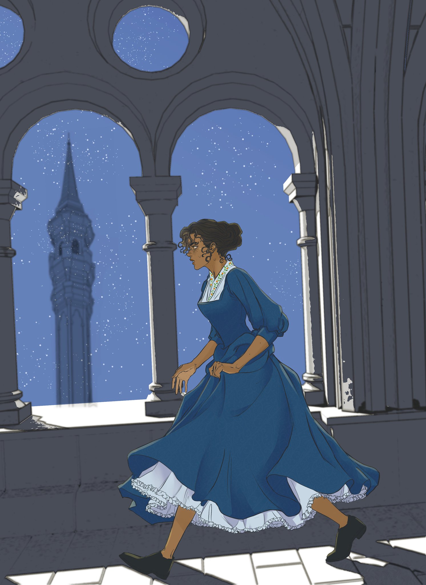 a digital illustration shows a darkskinned woman with curly hair wearing a historical blue dress with white lace trim, running along a stone balcony with arched openings. through the archways, a tall, detailed gothic tower is visible against a deep blue, starry night sky. the illustration style is reminiscent of a book cover with vintage or antique elements.