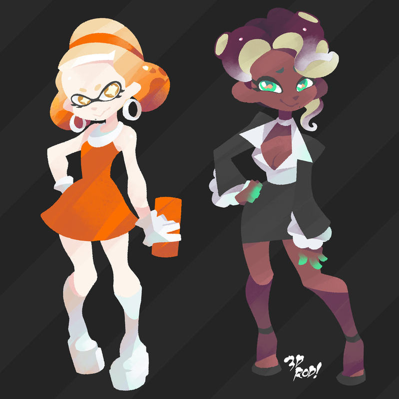 a digital drawing of two characters, one a white inkling with orange hair and a short orange dress and the other a brown inkling with purple hair and a black skirt and white shirt. they are both smiling. the background is a black striped pattern.