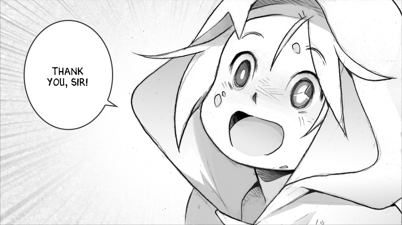 a black and white drawing of a young girl with big eyes, smiling widely with her mouth open, saying "thank you, sir!" in a speech bubble. the drawing style is reminiscent of manga or anime.