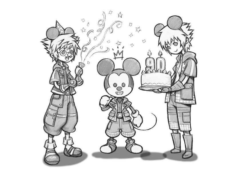 the sketch depicts a birthday celebration for mickey mouse, featuring kingdom hearts characters sora and riku. sora, wearing a party hat, excitedly holds a party popper, while riku presents mickey with a birthday cake adorned with the number '90'. mickey mouse, dressed in his signature outfit with a crown atop his head, smiles joyfully at the celebration in his honor. the scene is drawn in a charming, stylized art style, capturing the spirit of both kingdom hearts and classic disney.