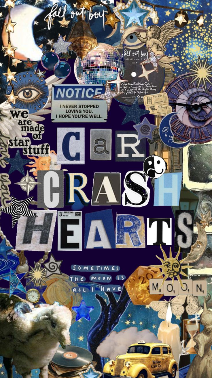 the image is a collage of various elements, including a title card that reads "car crash hearts," with other phrases and objects scattered around it. the color scheme is predominantly blue, black, and white, with pops of yellow and red. the collage is made up of cutout images and text from different sources, creating a vintage, grunge aesthetic. the image evokes a sense of nostalgia and a feeling of bittersweet love, perhaps referencing a broken heart.