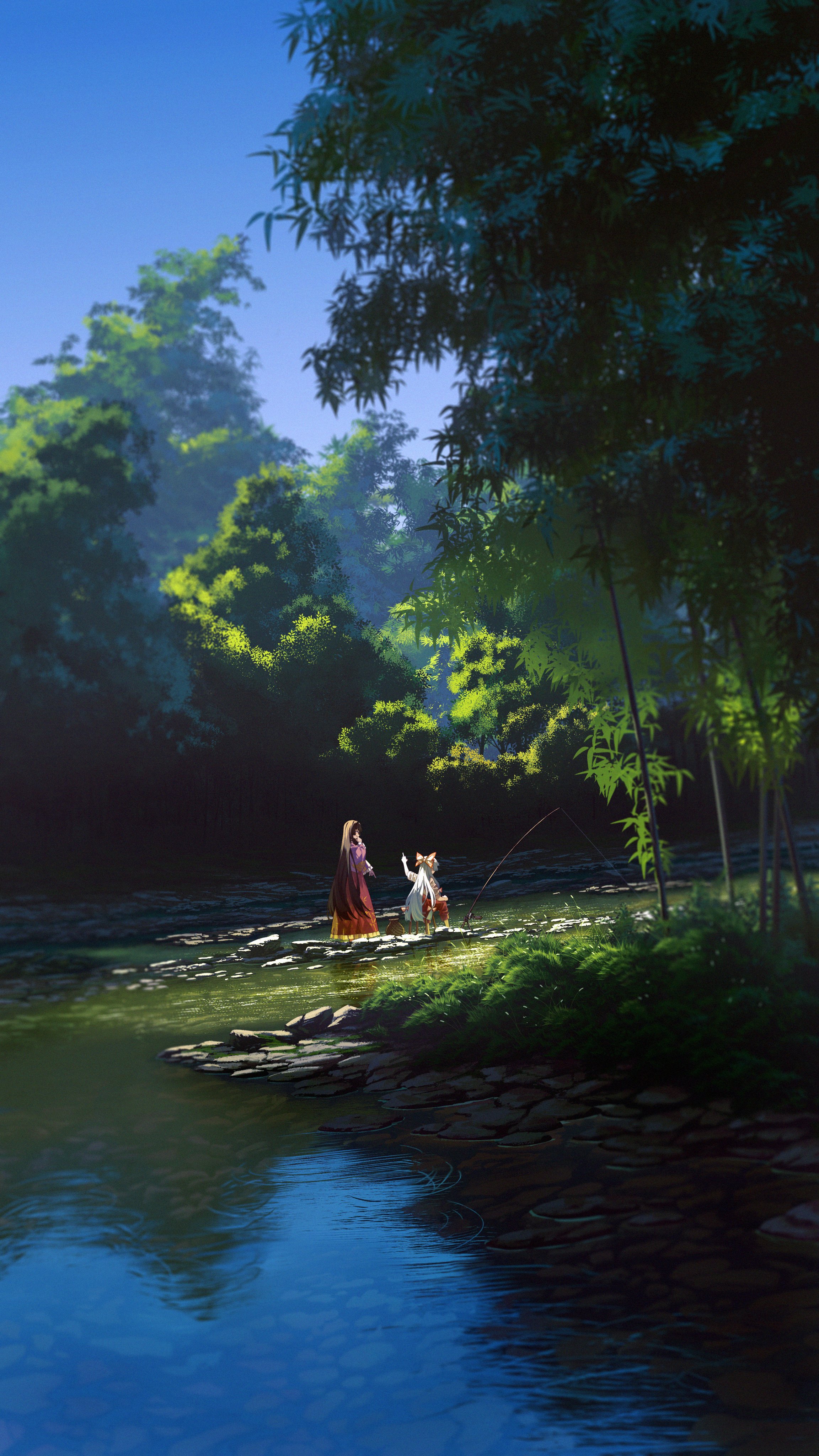 an animestyle painting depicts a serene natural scene. a woman in a long maroon dress stands alongside a white fox, both appearing to fish in a shallow river flowing through a lush forest. sunlight filters through the dense foliage of the trees, illuminating a small patch of greenery near the riverbank. the overall atmosphere is peaceful and tranquil.
