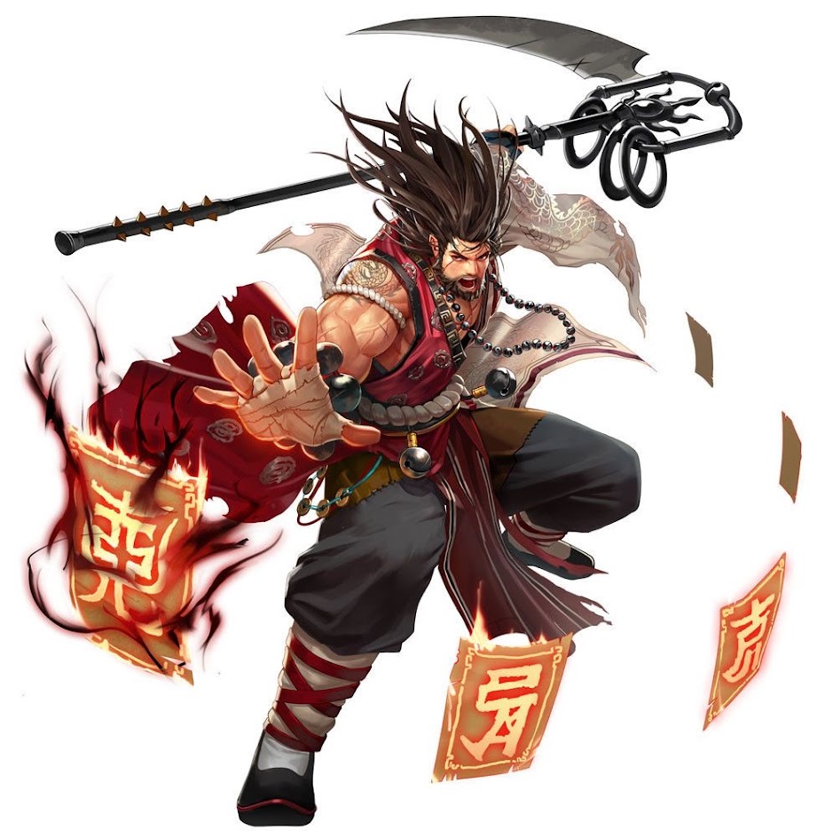 an animestyle illustration of a fierce looking male warrior. he is wearing a red and black robe and is wielding a scythe with flames engulfing the bottom of the weapon. he has a serious expression on his face and is poised in a striking pose.  the background is white with a few red and black flames, creating a sense of action. the illustration has a dynamic feel and conveys the character's strength and fighting spirit.  the background is white.